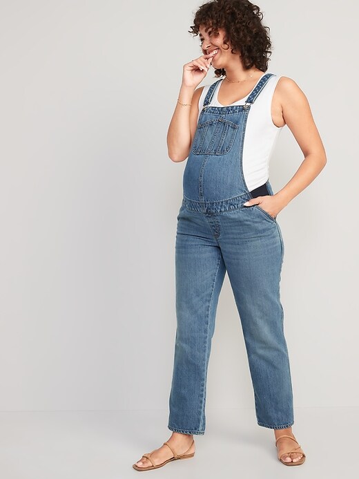 Image number 1 showing, Maternity Side-Panel Slouchy Straight Jean Overalls
