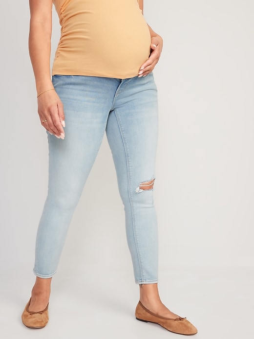 Image number 1 showing, Maternity Premium Full Panel Rockstar Super Skinny Ripped Jeans