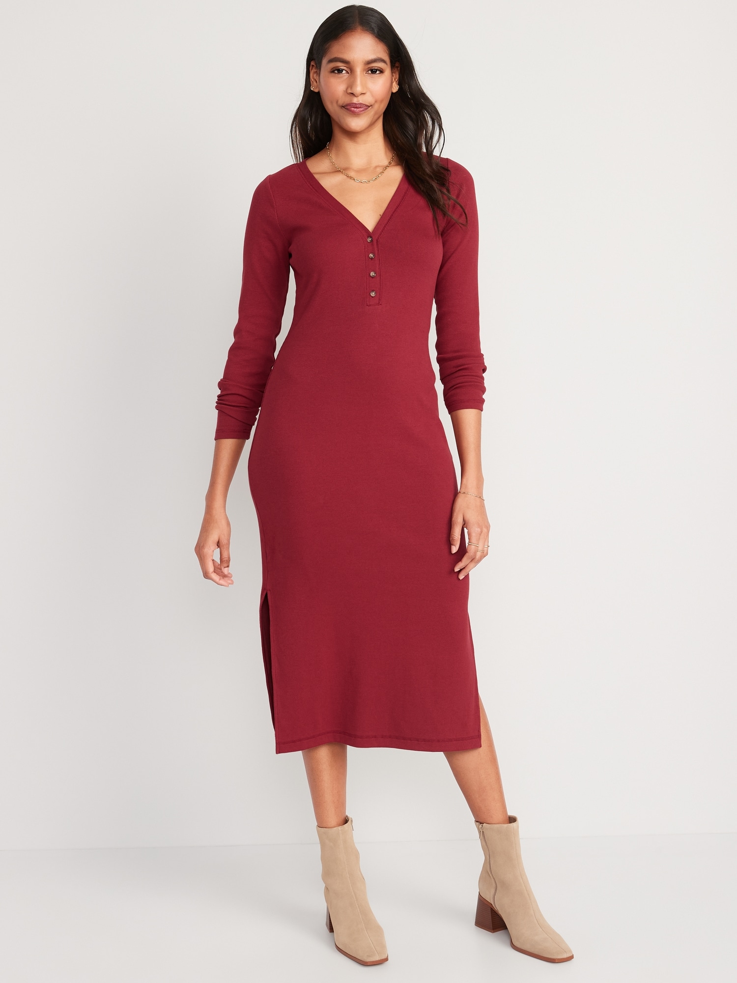 Old Navy Fitted Long-Sleeve Rib-Knit Henley Midi Dress for Women red. 1