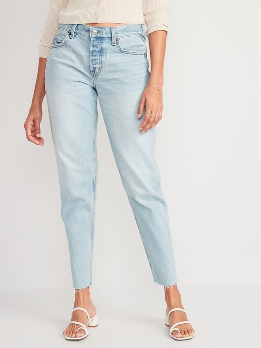 Image number 1 showing, High-Waisted Button-Fly Slouchy Taper Cut-Off Non-Stretch Ankle Jeans for Women