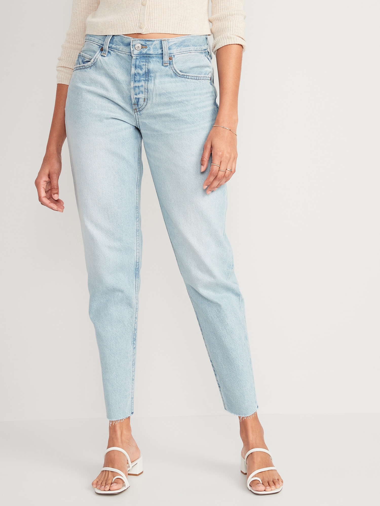 High-Waisted Button-Fly Slouchy Taper Cut-Off Non-Stretch Ankle Jeans ...