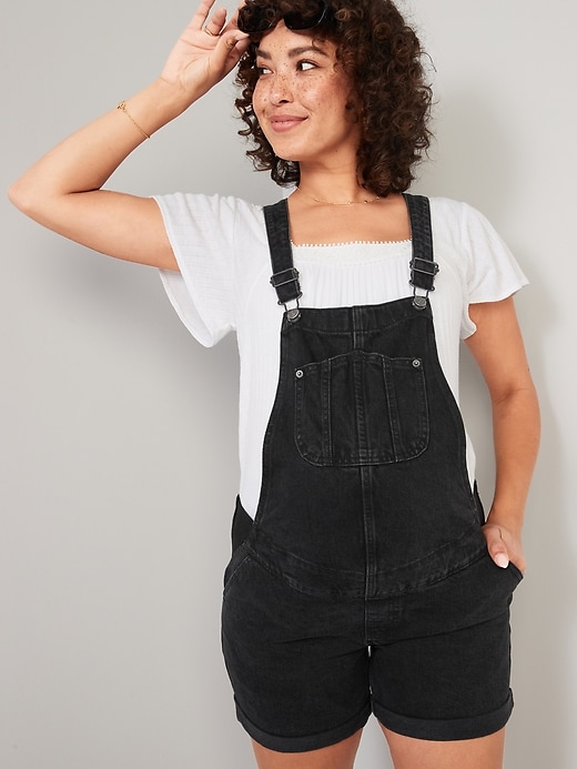 Image number 3 showing, Maternity Side-Panel Slouchy Black Non-Stretch Jean Shortalls -- 5-inch inseam