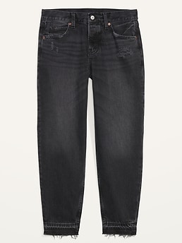 High-Waisted Button-Fly Slouchy Taper Black-Wash Cut-Off Non-Stretch Jeans for Women