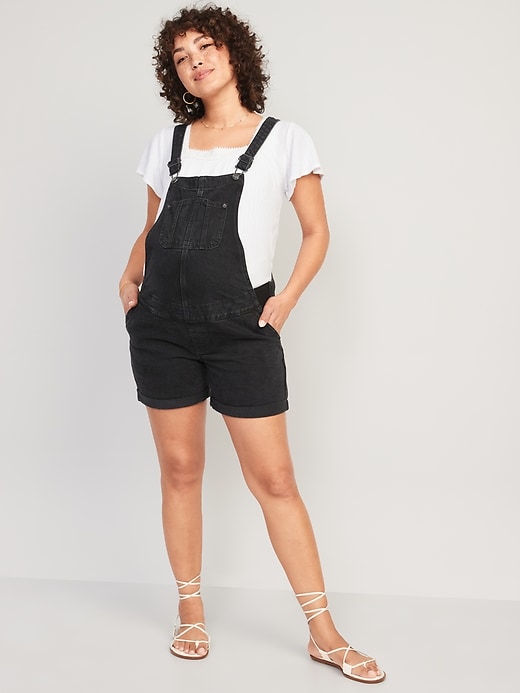 Image number 1 showing, Maternity Side-Panel Slouchy Black Non-Stretch Jean Shortalls -- 5-inch inseam