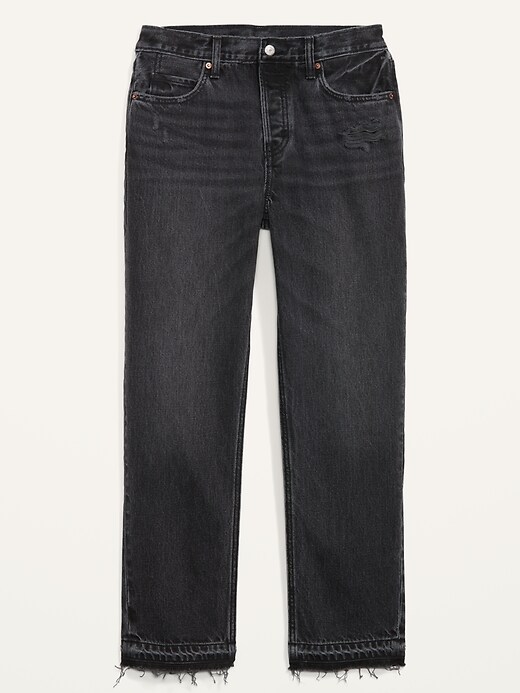 Image number 4 showing, High-Waisted Button-Fly Slouchy Straight Black-Wash Cut-Off Non-Stretch Jeans for Women