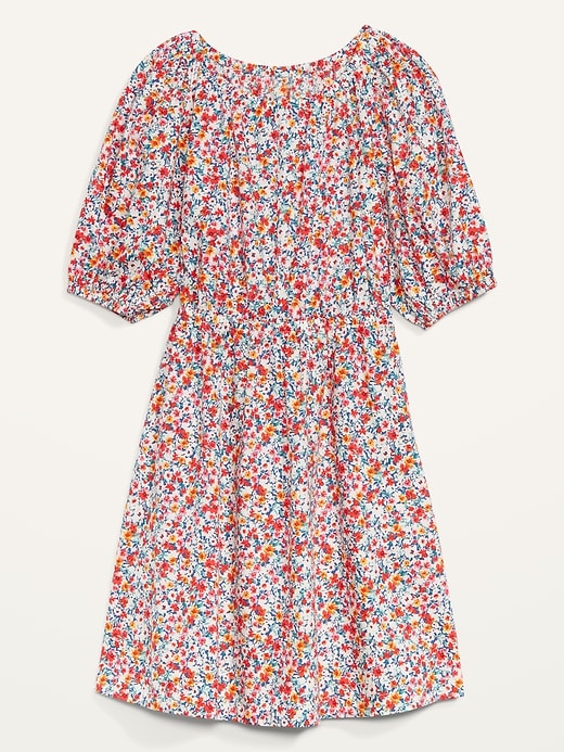 Image number 2 showing, Waist-Defined Puff-Sleeve Floral Cotton-Poplin Mini Dress