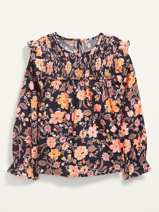 View large product image 2 of 4. Smocked-Ruffle Long-Sleeve Floral-Print Top for Girls