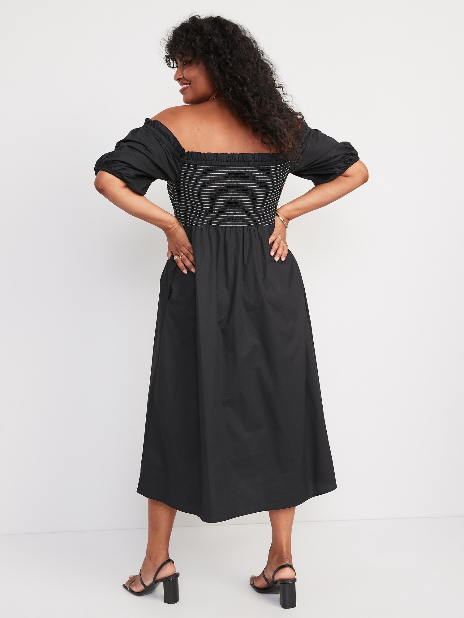 Fit & Flare Off-The-Shoulder Puff-Sleeve Smocked Cotton-Poplin Midi ...