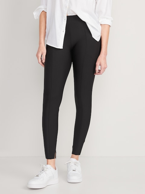 High-Waisted PowerSoft Pintucked Side-Slit 7/8 Leggings - Black Jack