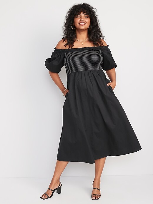 Image number 4 showing, Fit & Flare Off-The-Shoulder Puff-Sleeve Smocked Cotton-Poplin Midi Dress for Women