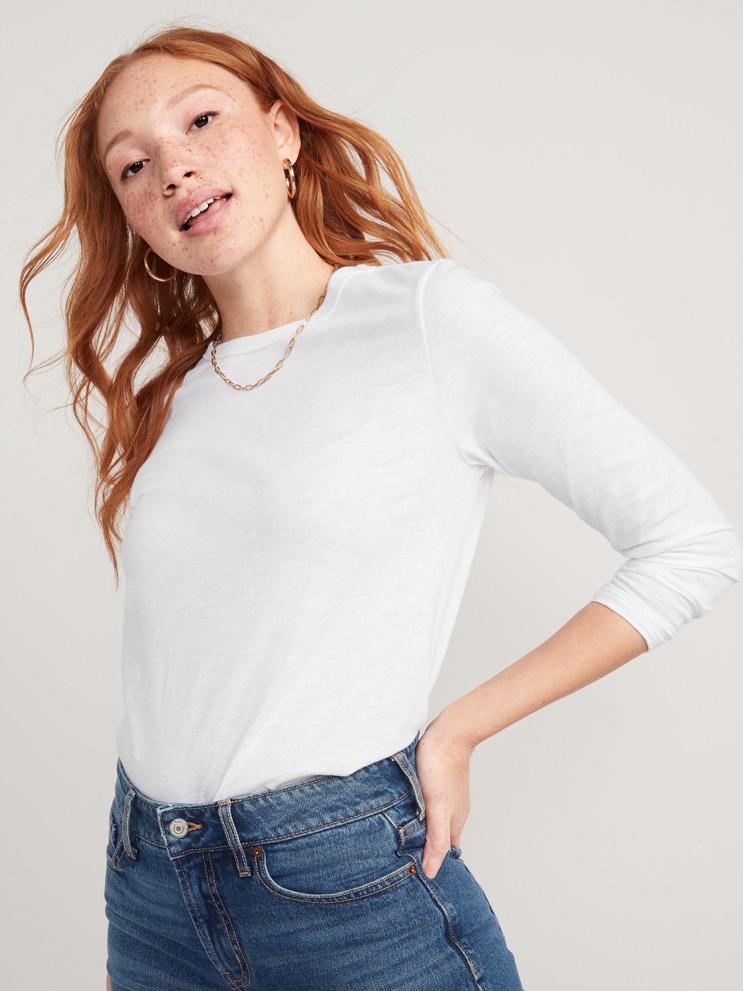 Old Navy EveryWear Slub-Knit Long-Sleeved T-Shirt for Women white. 1