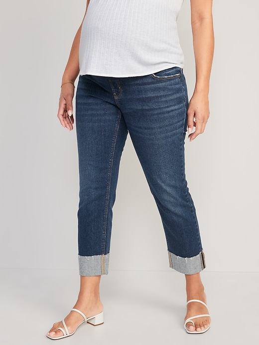 Image number 1 showing, Maternity Full Panel Raw-Edge Cuff Boyfriend Straight Jeans