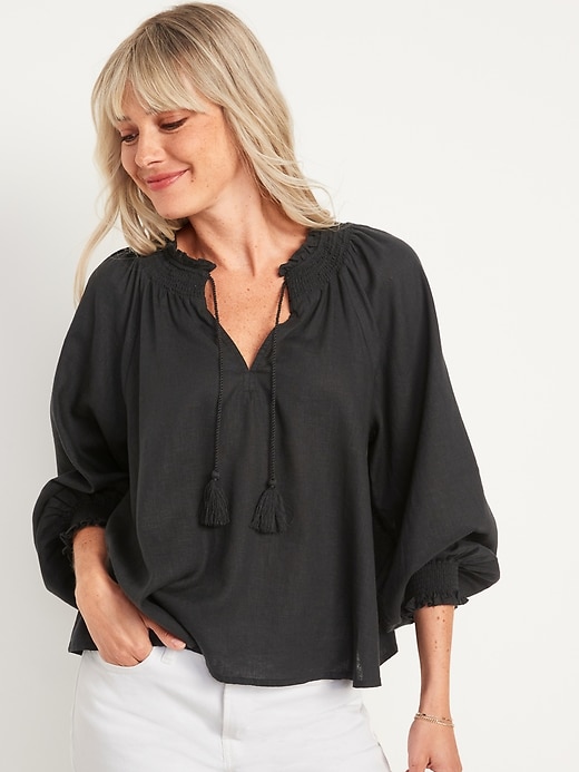oldnavy.gap.com | Oversized Long-Sleeve Smocked Linen-Blend Top for Women