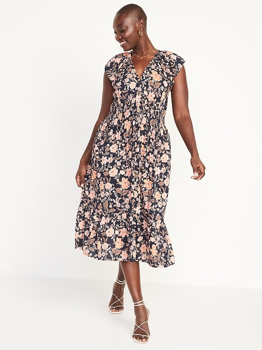 Image number 5 showing, Waist-Defined Flutter-Sleeve Smocked Floral Midi Dress