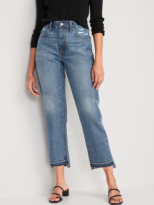 Image number 1 showing, High-Waisted Button-Fly Slouchy Straight Cropped Non-Stretch Cut-Off Jeans for Women