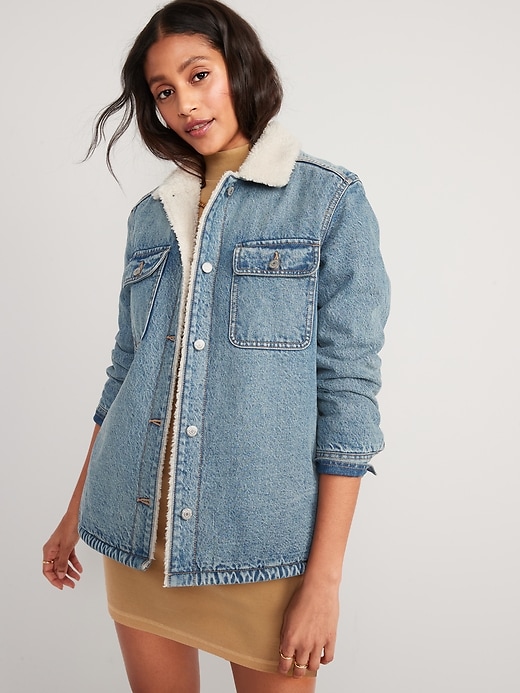 Image number 1 showing, Sherpa-Lined Non-Stretch Jean Utility Shacket or Women