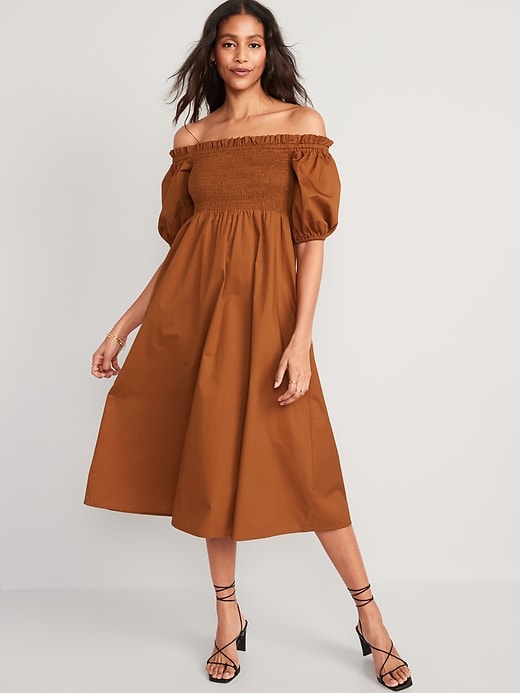 Image number 1 showing, Fit & Flare Off-The-Shoulder Puff-Sleeve Smocked Cotton-Poplin Midi Dress