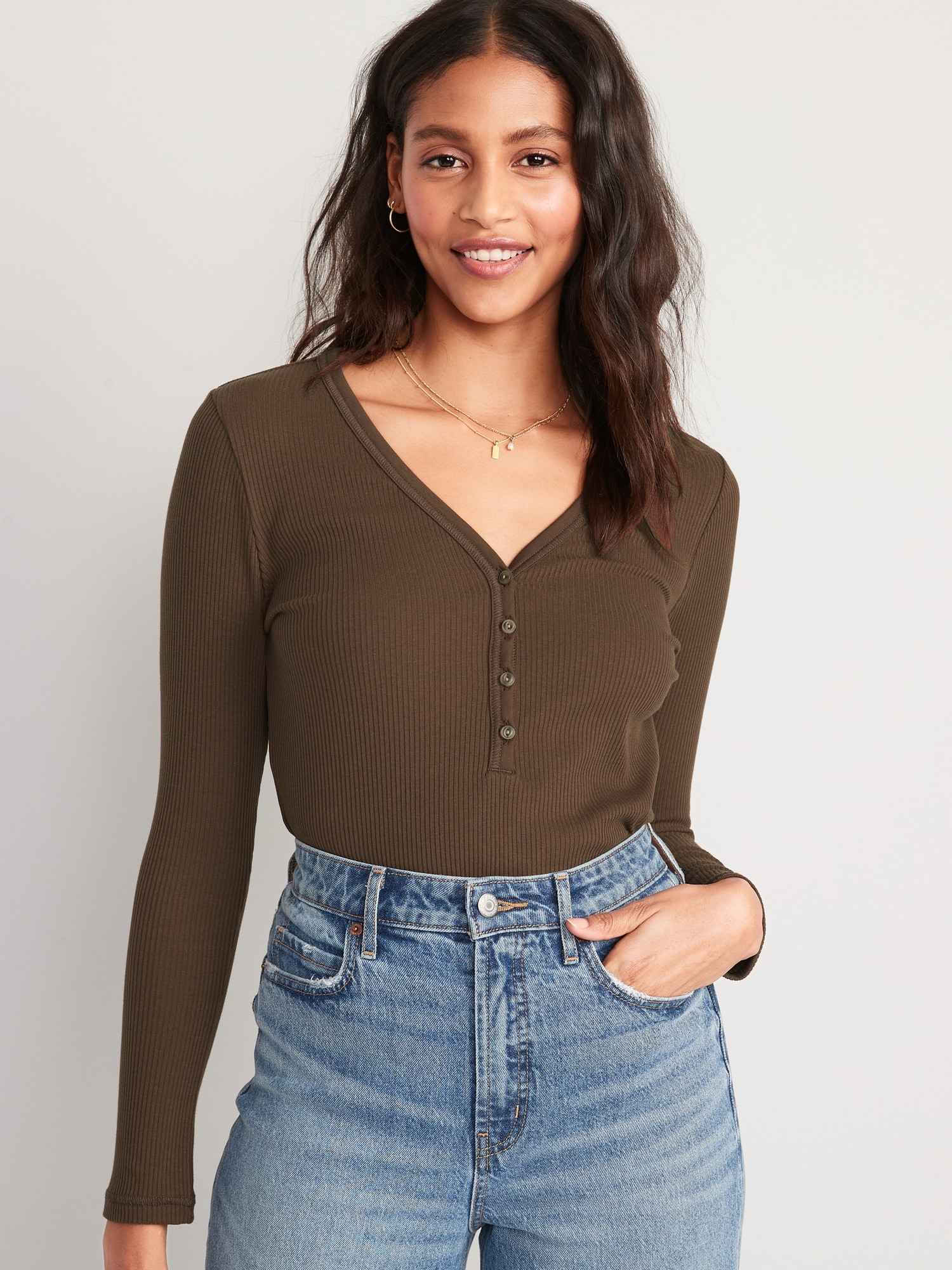 Fitted Long-Sleeve Rib-Knit Henley Top for Women | Old Navy