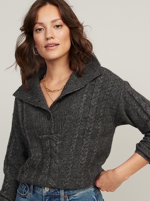 Image number 1 showing, Heathered Button-Front Cable-Knit Sweater