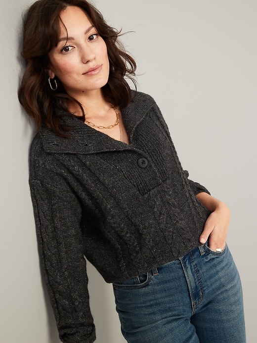 Image number 3 showing, Heathered Button-Front Cable-Knit Sweater for Women