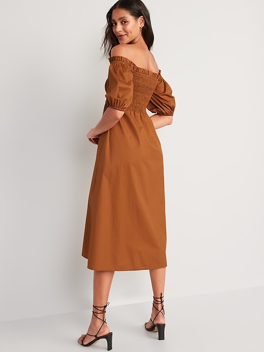 Image number 2 showing, Fit & Flare Off-The-Shoulder Puff-Sleeve Smocked Cotton-Poplin Midi Dress