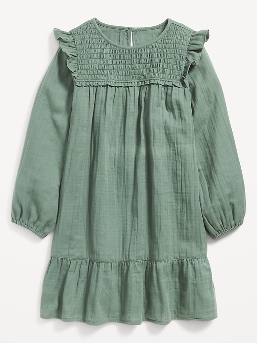 View large product image 1 of 1. Long-Sleeve Ruffle-Trim Smocked Swing Dress for Girls
