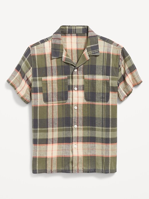 View large product image 2 of 4. Short-Sleeve Matching Plaid Linen-Blend Shirt for Boys