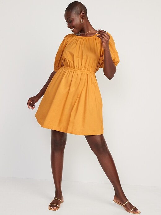 Waist-Defined Poplin Puff Sleeve Mini Dress | Old Navy