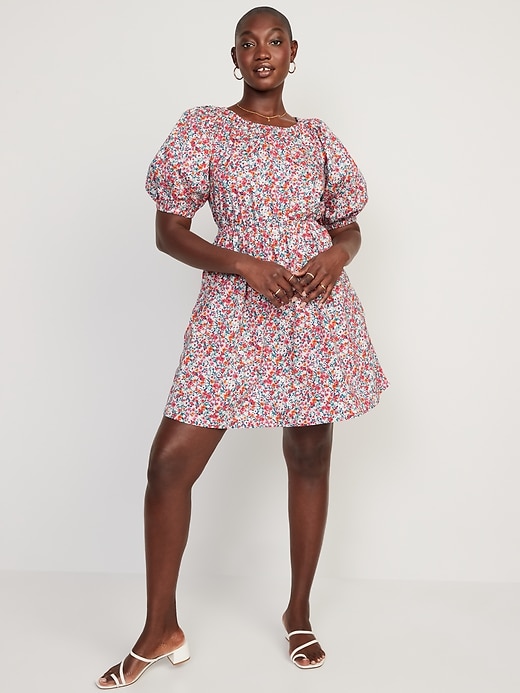 Image number 3 showing, Waist-Defined Puff-Sleeve Floral Cotton-Poplin Mini Dress for Women
