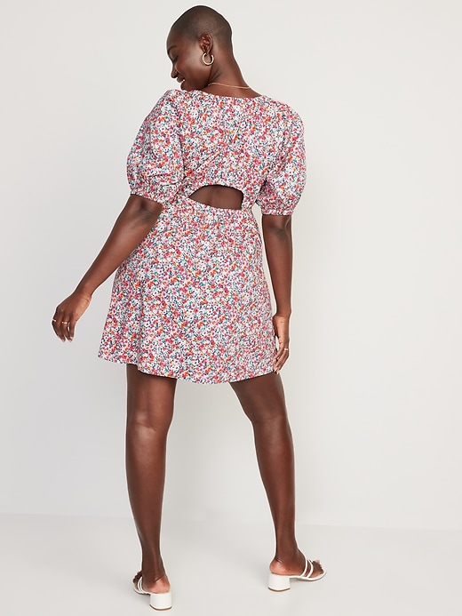 Image number 4 showing, Waist-Defined Puff-Sleeve Floral Cotton-Poplin Mini Dress