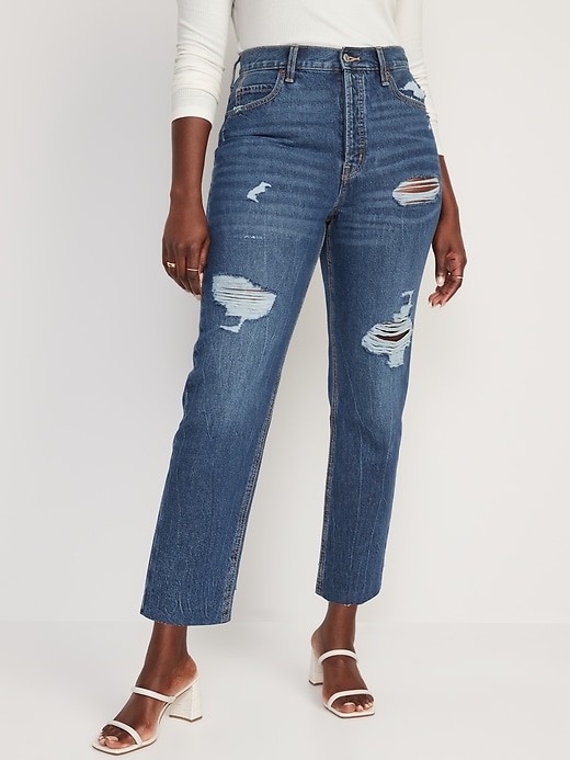Image number 5 showing, Extra High-Waisted Button-Fly Sky-Hi Straight Cut-Off Non-Stretch Jeans for Women