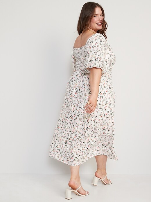 Image number 8 showing, Puff-Sleeve Floral-Print Pintucked Smocked Midi Swing Dress