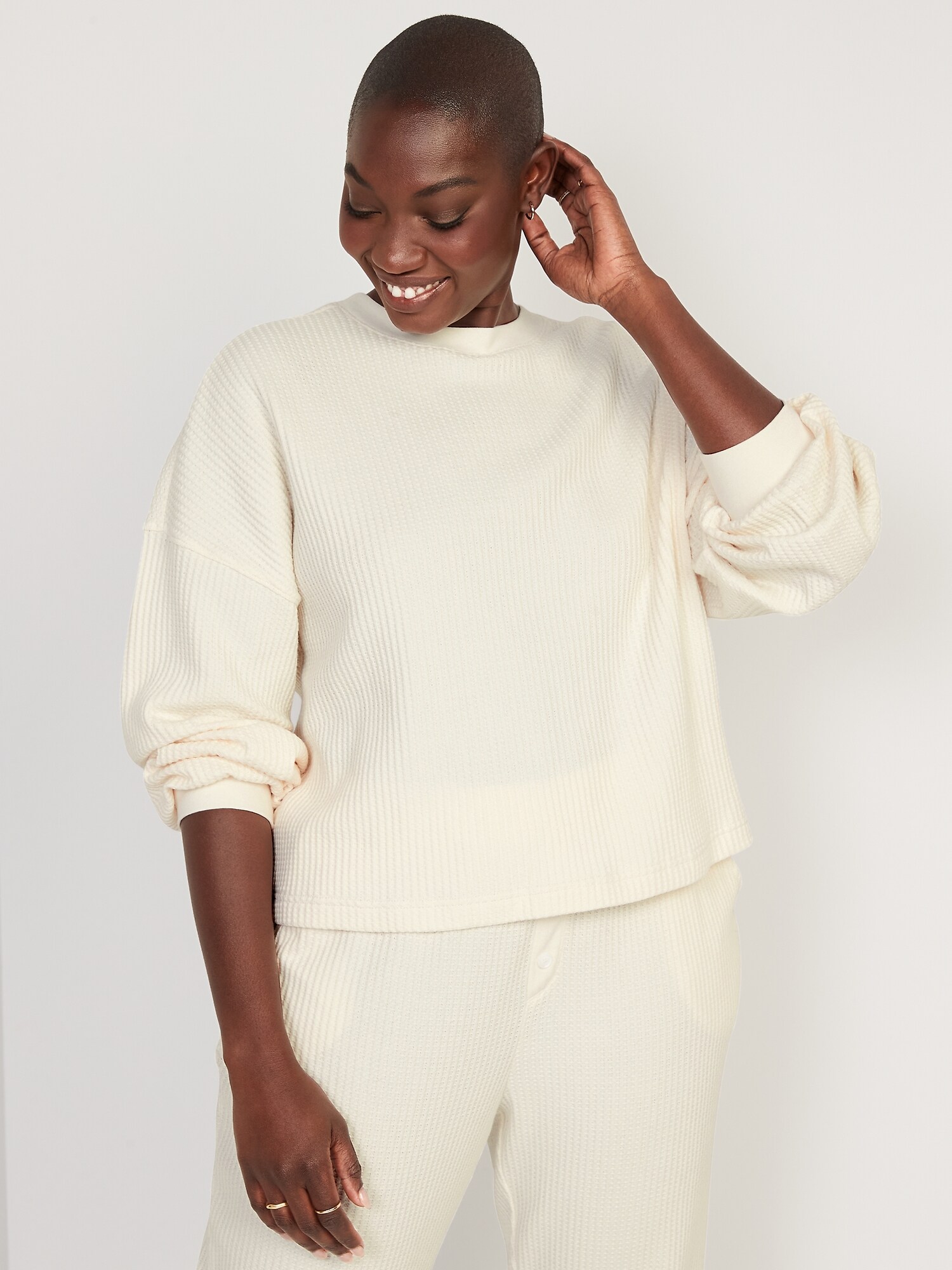 Long-Sleeve Waffle-Knit Pajama Top