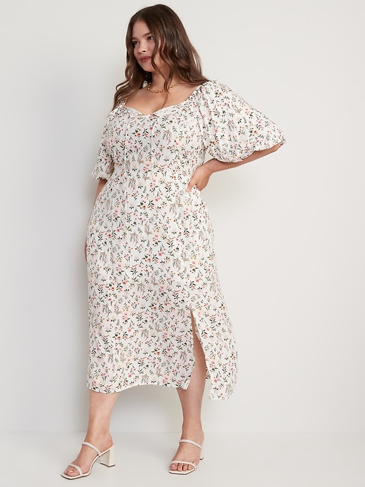 Image number 7 showing, Puff-Sleeve Floral-Print Pintucked Smocked Midi Swing Dress