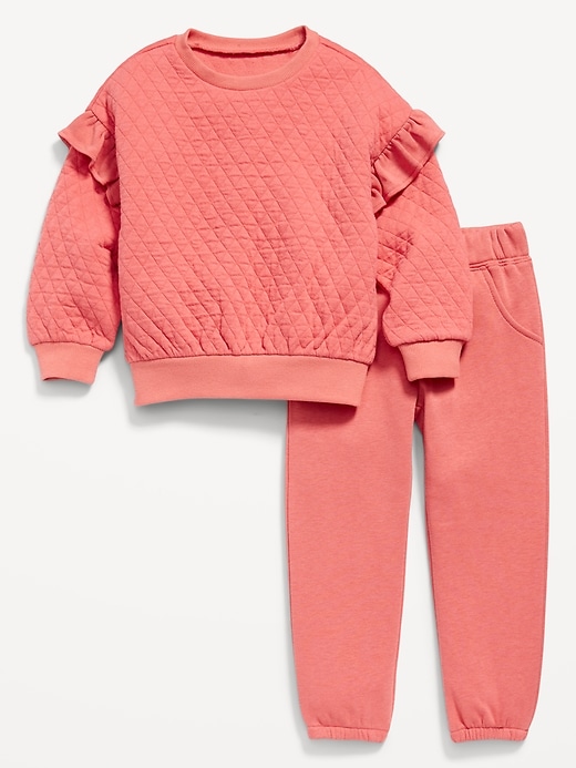 Quilted Ruffle-Trim Sweatshirt and Jogger Sweatpants Set for Toddler Girls