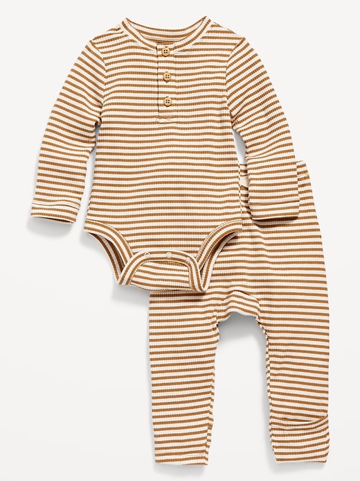 View large product image 1 of 3. Unisex 2-Piece Rib-Knit Henley Bodysuit and Leggings Layette Set for Baby