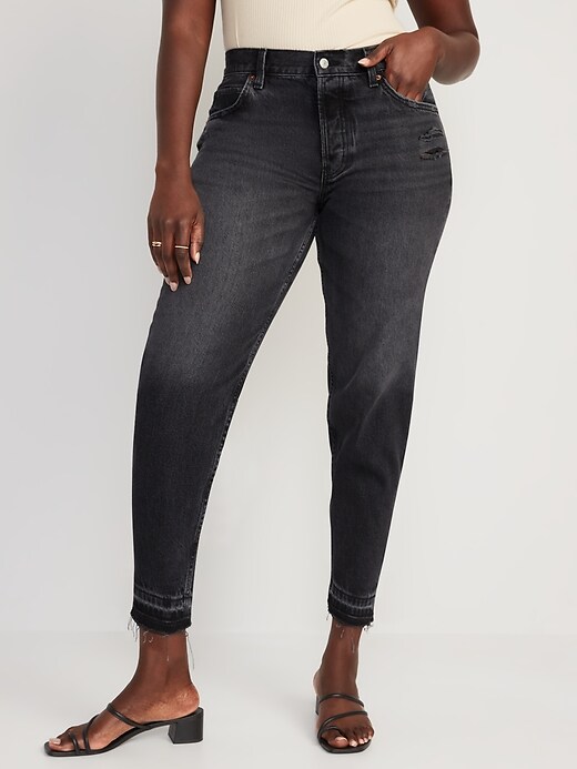 Image number 5 showing, High-Waisted Button-Fly Slouchy Taper Black-Wash Cut-Off Non-Stretch Jeans for Women