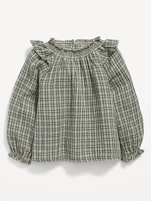 View large product image 1 of 3. Long-Sleeve Ruffle-Trim Plaid Swing Top for Toddler Girls