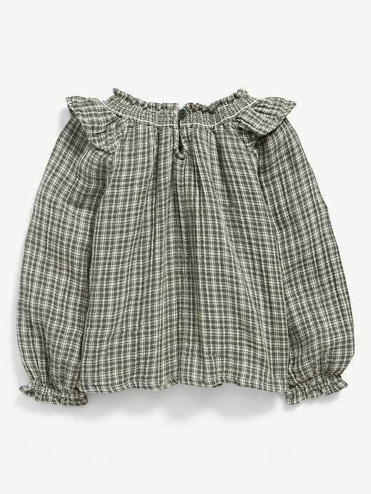 View large product image 2 of 3. Long-Sleeve Ruffle-Trim Plaid Swing Top for Toddler Girls