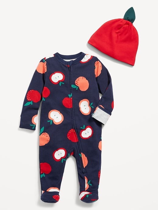 View large product image 1 of 3. Unisex Sleep & Play 2-Way-Zip Footed One-Piece and Beanie Set for Baby