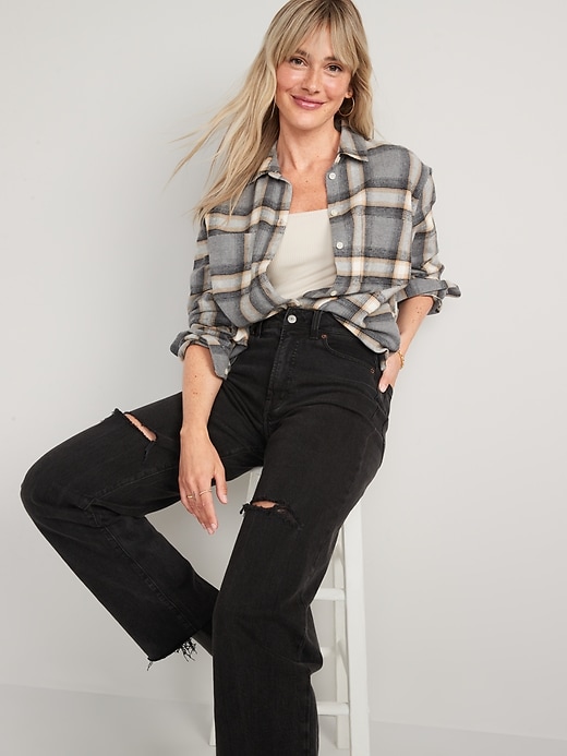 Image number 3 showing, Cropped Plaid Flannel Boyfriend Shirt for Women