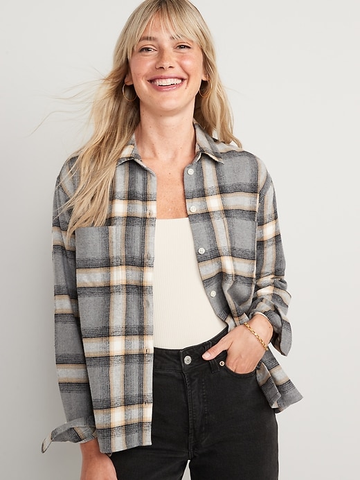 Image number 1 showing, Cropped Plaid Flannel Boyfriend Shirt for Women