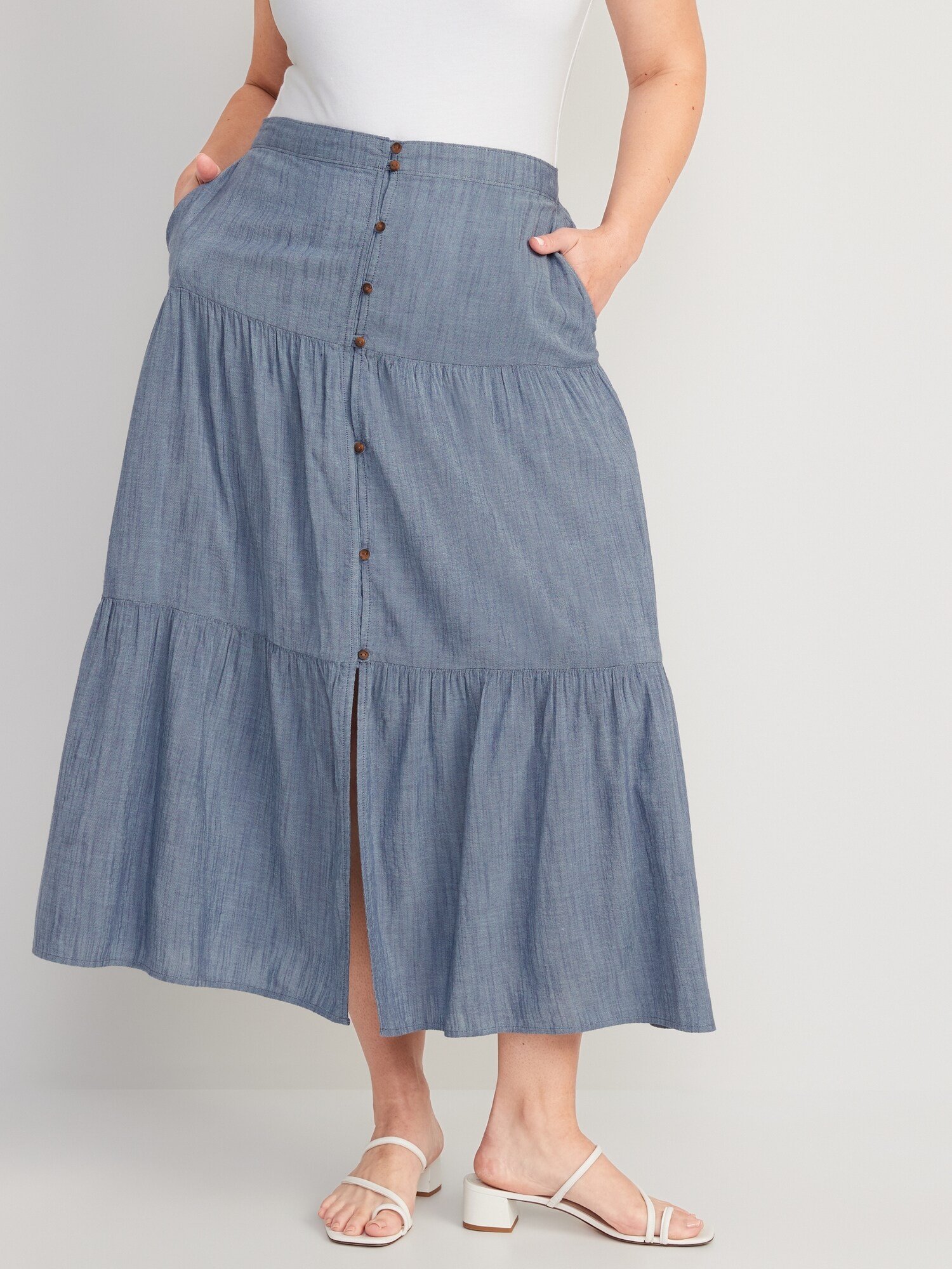 Slub-Weave Tiered Button-Front Maxi Skirt | Old Navy