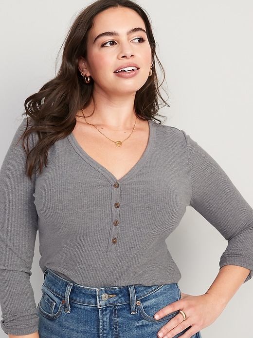 Image number 5 showing, Fitted Long-Sleeve Rib-Knit Henley Top