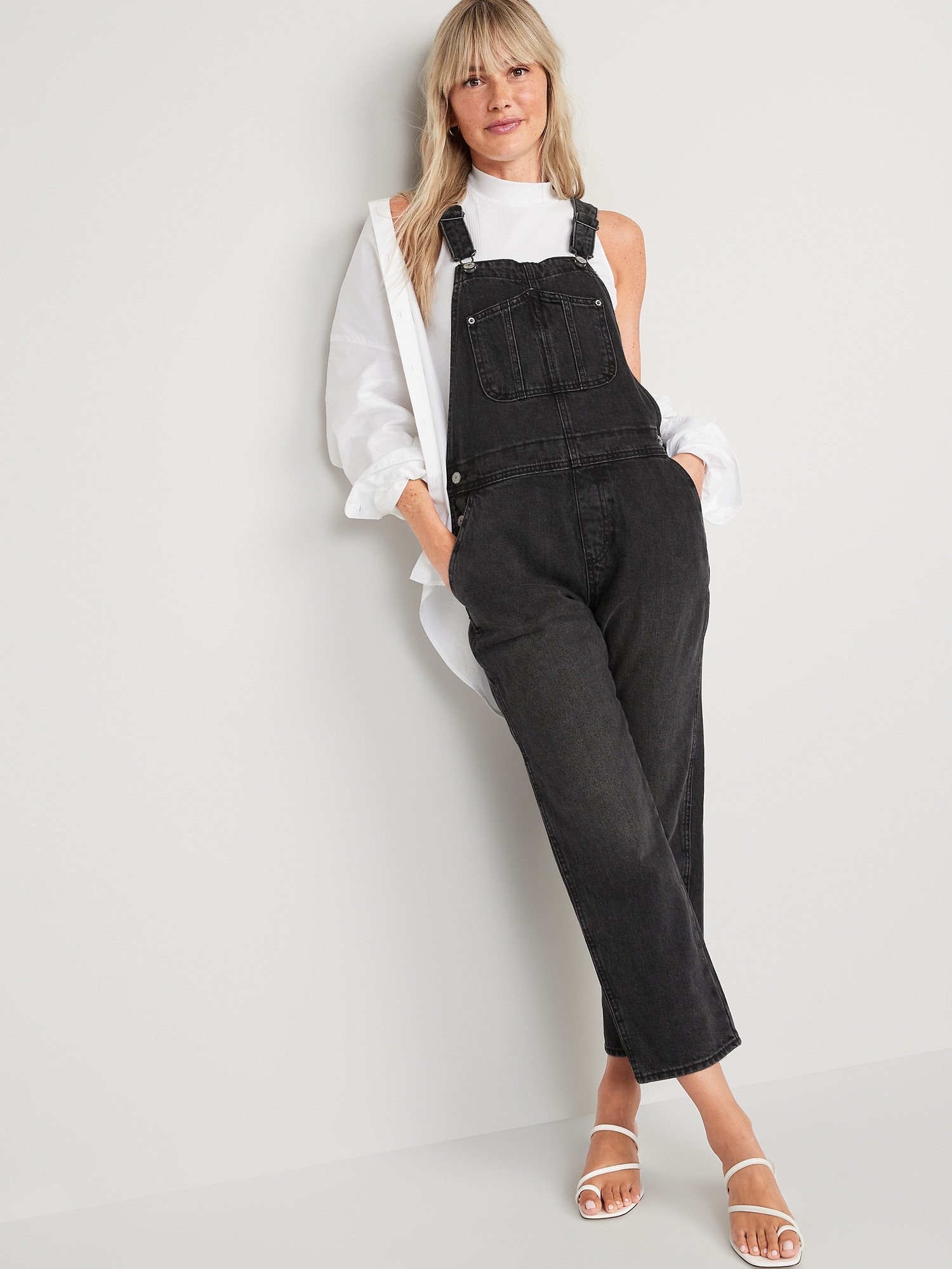 Slouchy Straight Black Workwear Non-Stretch Jean Overalls for Women
