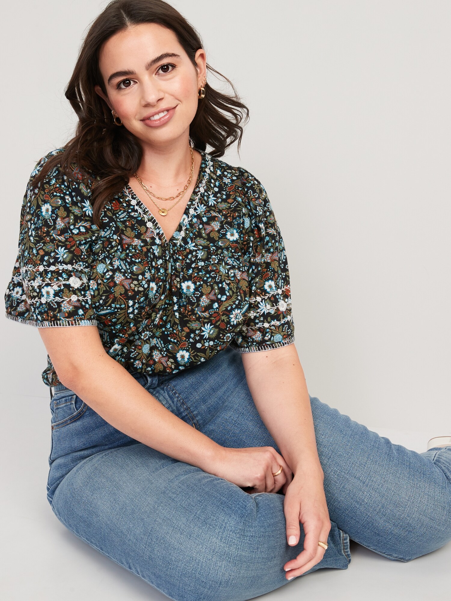 VNeck Floral Embroidered Swing Blouse Old Navy