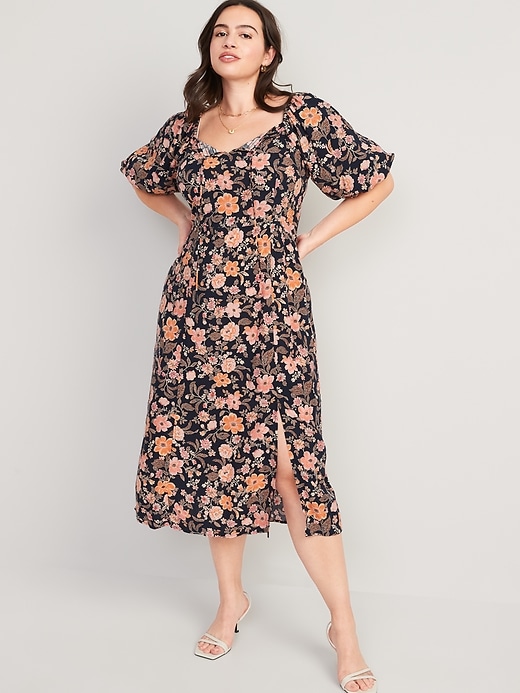 Image number 5 showing, Puff-Sleeve Floral-Print Pintucked Smocked Midi Swing Dress for Women