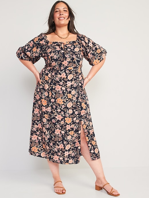 Image number 7 showing, Puff-Sleeve Floral-Print Pintucked Smocked Midi Swing Dress for Women