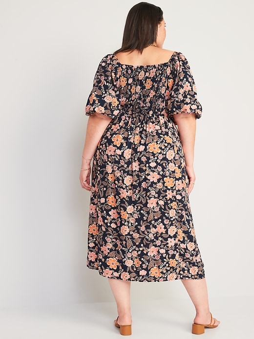 Image number 8 showing, Puff-Sleeve Floral-Print Pintucked Smocked Midi Swing Dress for Women