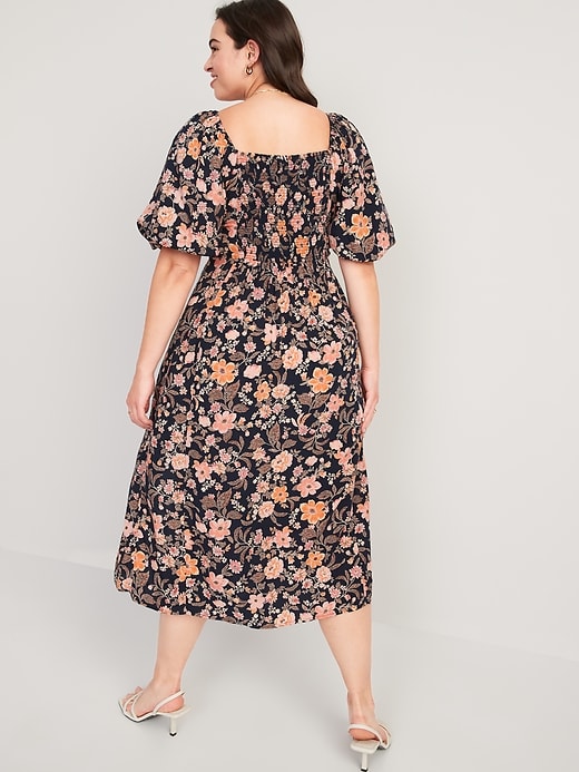 Image number 6 showing, Puff-Sleeve Floral-Print Pintucked Smocked Midi Swing Dress for Women